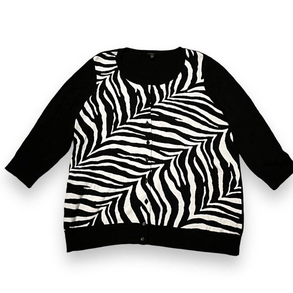 Talbots Cardigan Sweater Zebra Print Black White Classic 3/4 sleeve Size 1X - Picture 1 of 6